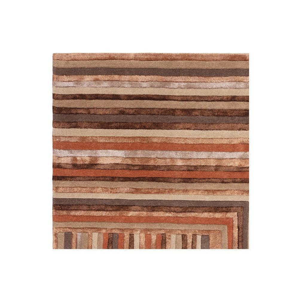 Asiatic Network Terracotta Designer Rug featuring horizontal stripes in terracotta, camel and brown on warm beige, machine-loomed polyester