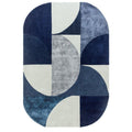Asiatic Oval Indigo Designer Rug featuring geometric abstract pattern in navy indigo, light grey and cream on ivory background, hand-tufted wool