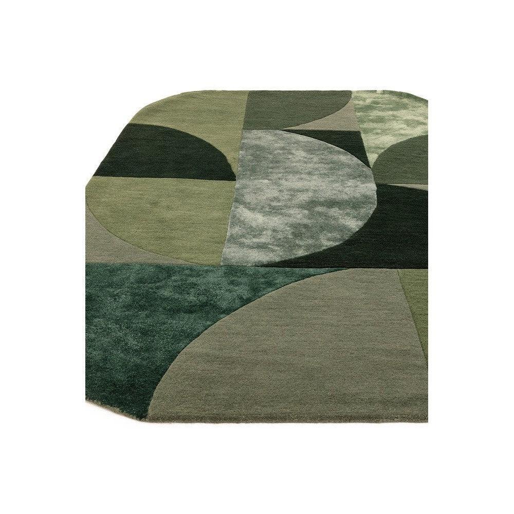 Asiatic Oval Forest Designer Rug featuring abstract geometric pattern in forest green, olive, sage on soft olive background, hand-tufted wool