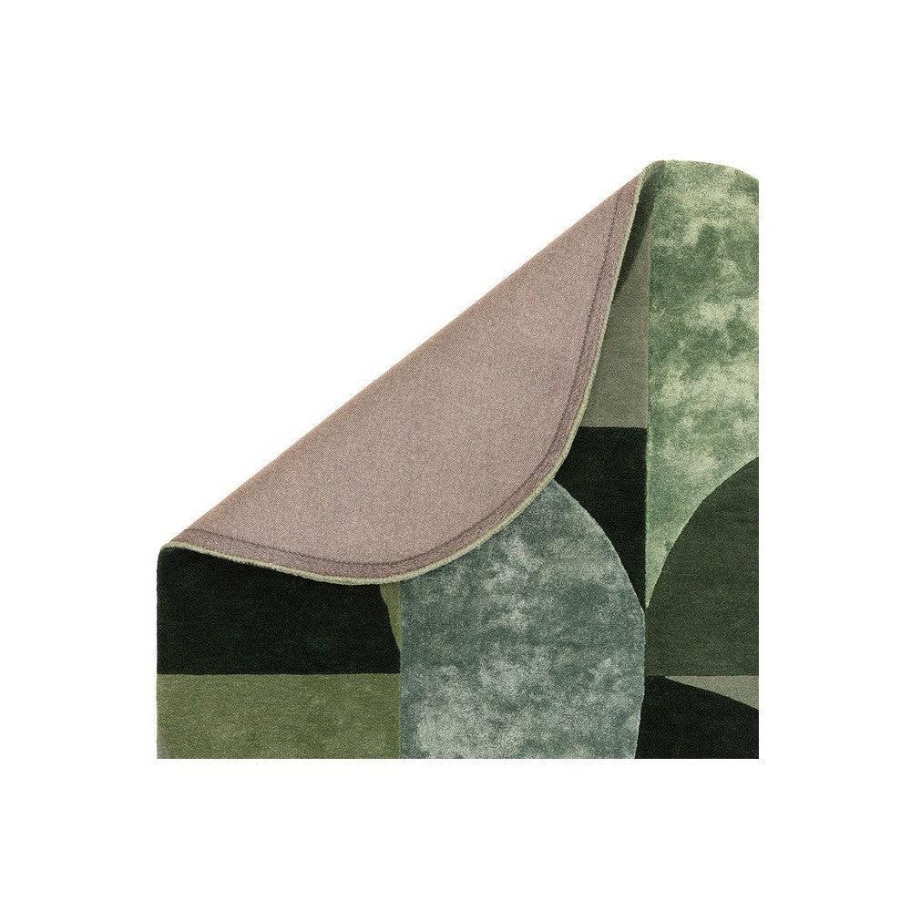 Asiatic Oval Forest Designer Rug featuring geometric forest pattern in olive green, sage, charcoal and dusty pink on cream background, hand-tufted wool
