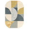 Asiatic Oval Sunset Rug featuring geometric patchwork in cream, beige, mustard, navy and grey on ivory background, hand-tufted wool