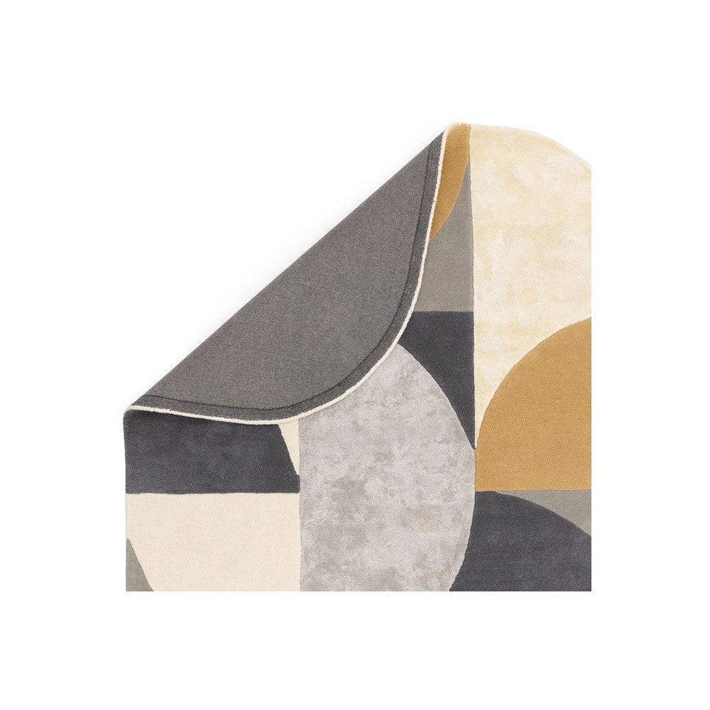 Asiatic Oval Sunset Designer Rug featuring abstract geometric pattern in charcoal grey, taupe, cream and ochre on beige, hand-tufted wool