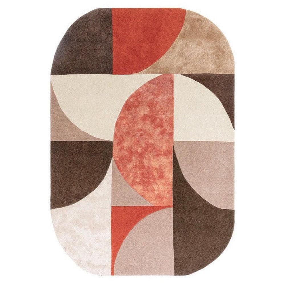 Asiatic Oval Spice Designer Rug featuring geometric oval pattern in burnt orange, cream, taupe on warm beige background, hand-tufted wool