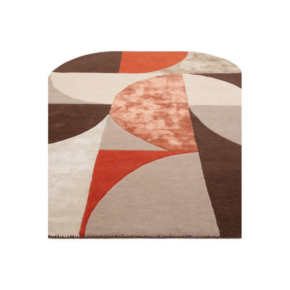 Asiatic Oval Spice Designer Rug featuring abstract geometric pattern in burgundy, burnt orange, terracotta, cream on light beige, hand-tufted wool