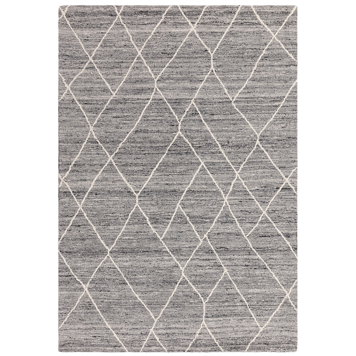 Gray area rug with white geometric pattern on a white background