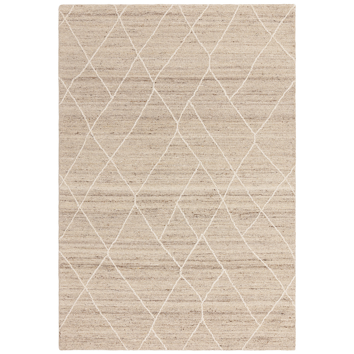 Beige and white geometric patterned rug on a white background