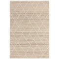 Beige and white geometric patterned rug on a white background