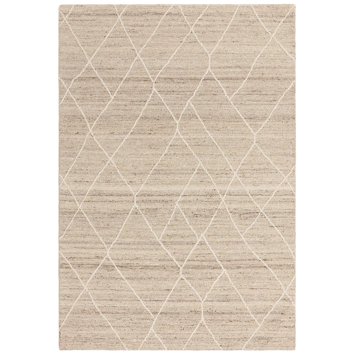 Beige and white geometric patterned rug on a white background