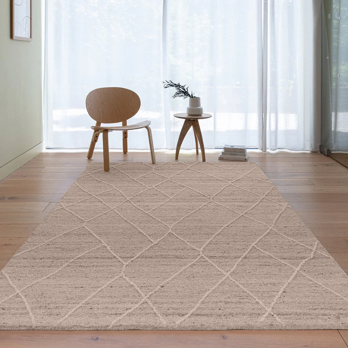 Asiatic Noah Natural Designer Rug featuring geometric lattice pattern in cream, taupe and beige on natural background, hand-tufted wool