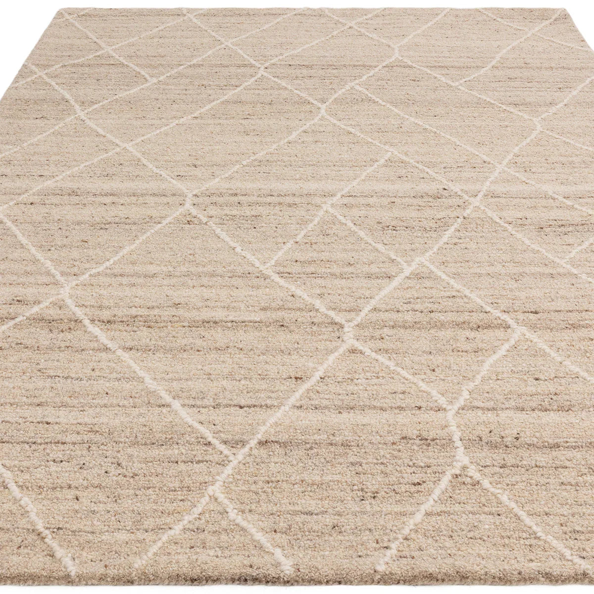 Asiatic Noah Natural Designer Rug featuring ivory diamond lattice on natural beige background, hand-tufted wool