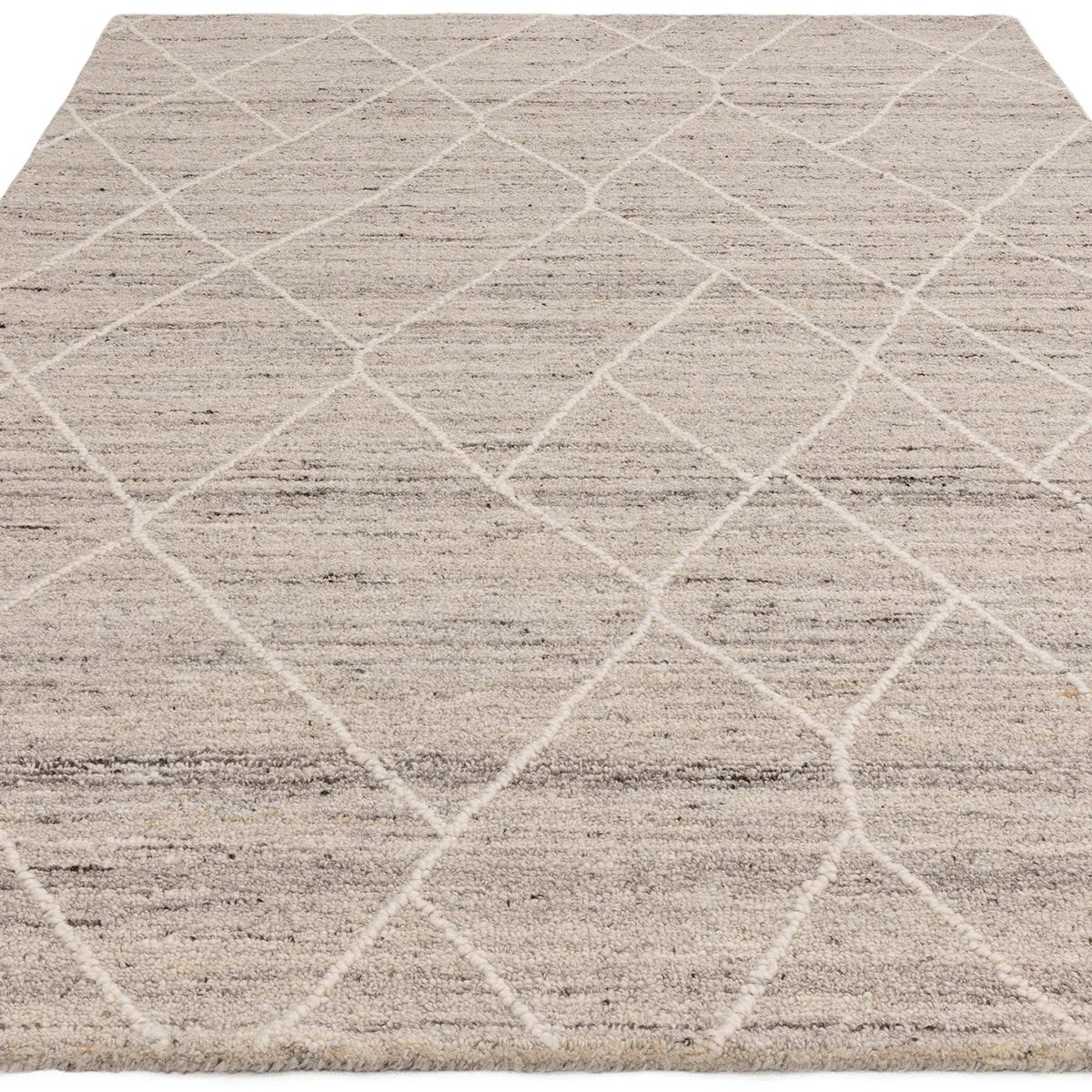 Asiatic Noah Silver Designer Rug featuring diamond lattice pattern in ivory on warm taupe beige, machine-woven wool