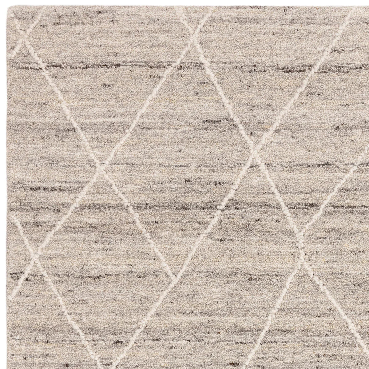 Asiatic Noah Silver Designer Rug featuring geometric diamond pattern in ivory, light gray and beige on cream background, machine-woven polyester