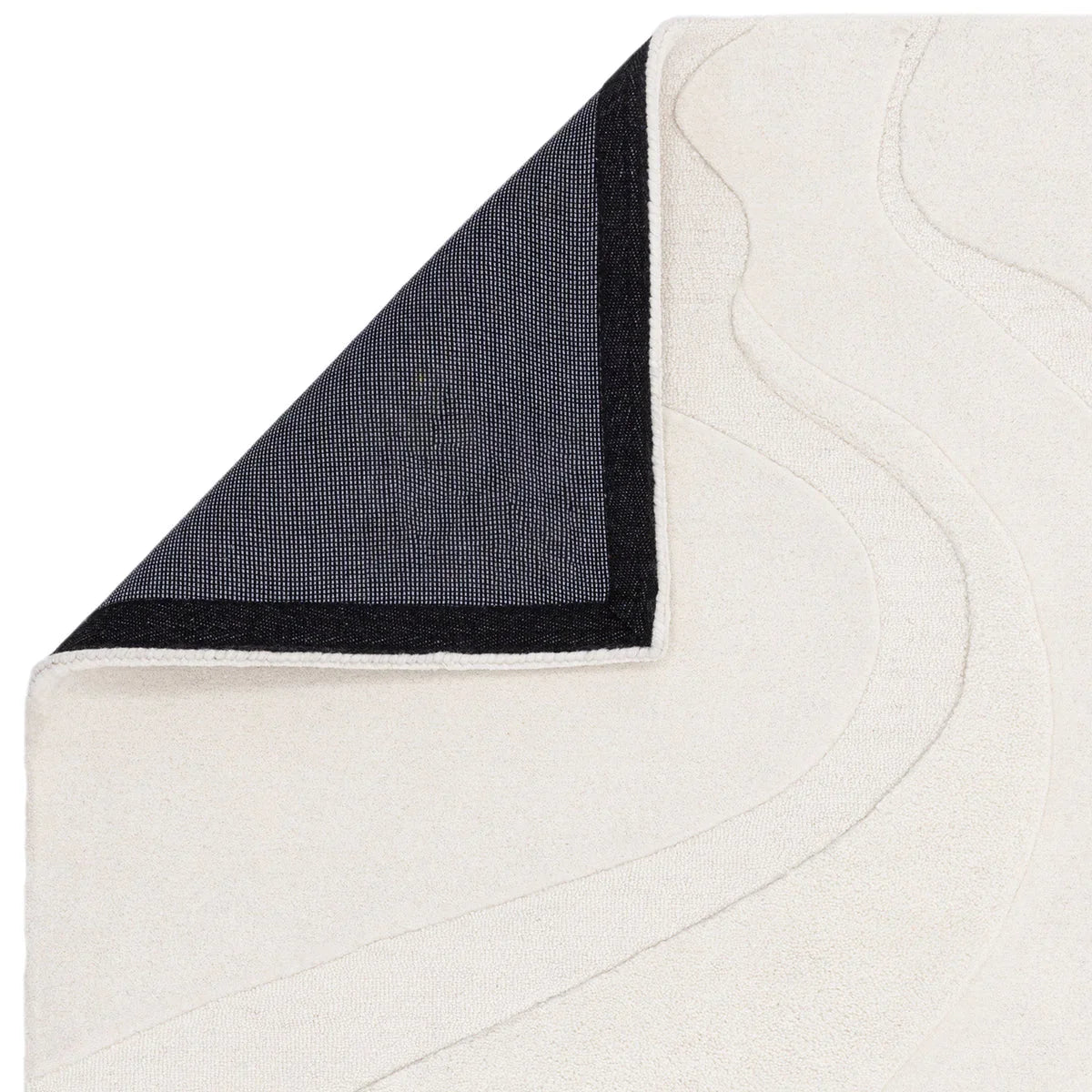 Asiatic Olsen Glide Designer Rug featuring curved abstract pattern in cream with navy edge border