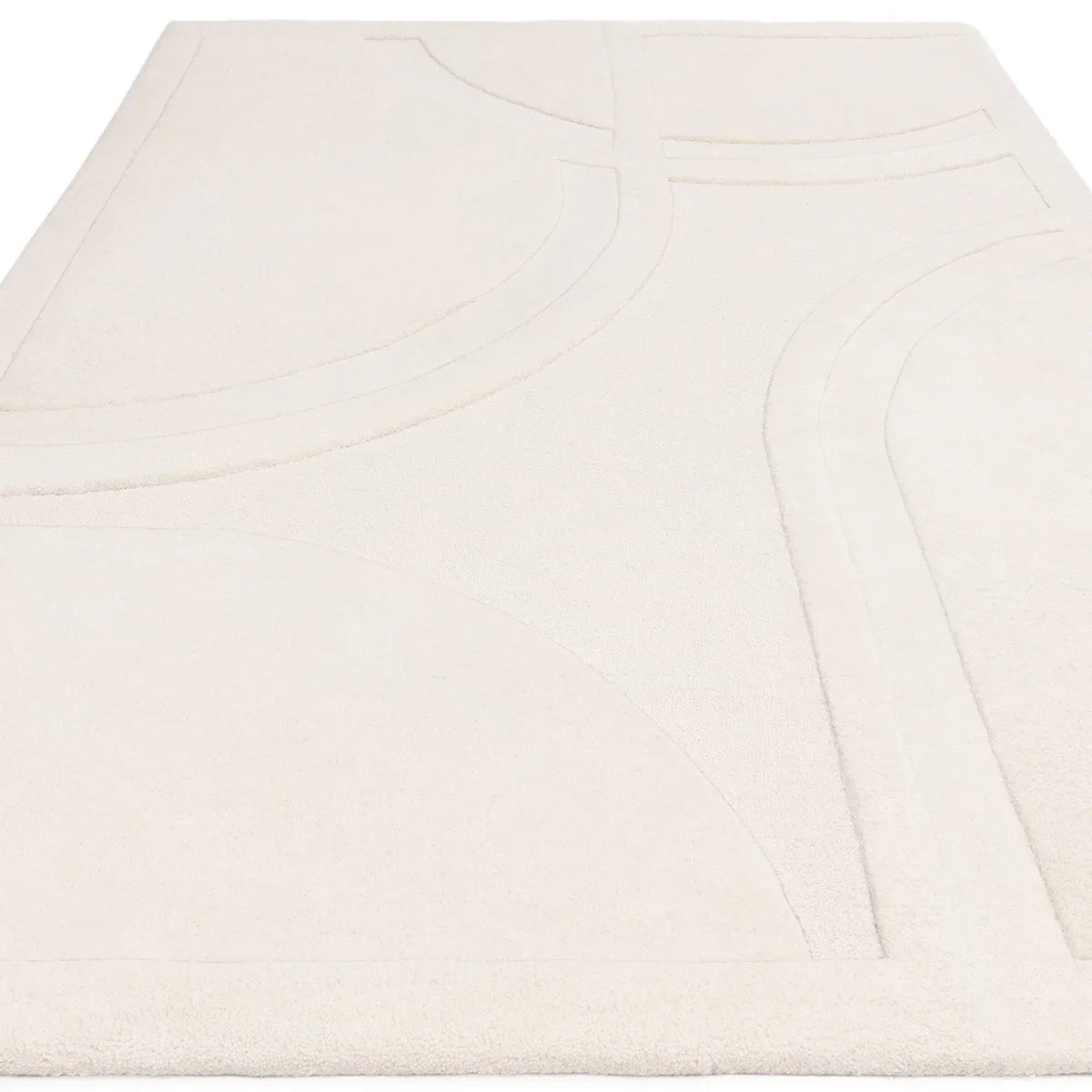Asiatic Olsen Movement Designer Rug featuring abstract curved-line pattern in ivory and cream on white background, hand-tufted wool