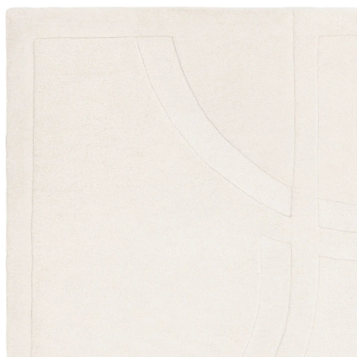 Asiatic Olsen Movement Rug featuring abstract curved motif in ivory and pale beige on cream background, hand-tufted wool