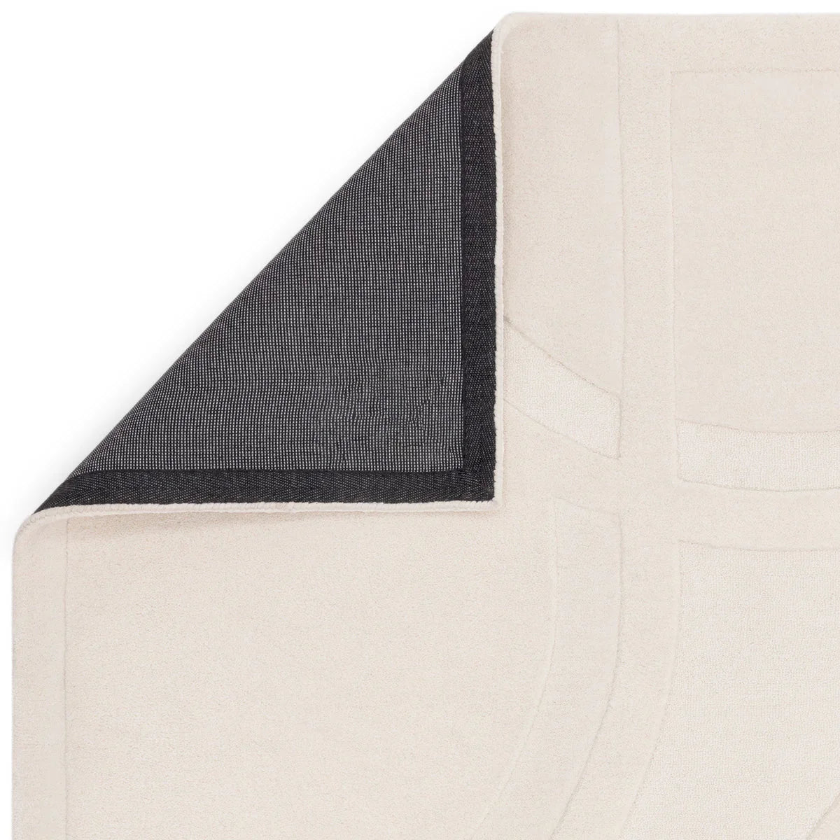 Asiatic Olsen Movement Designer Rug featuring abstract geometric pattern in cream, beige and navy on ivory background, hand-tufted wool
