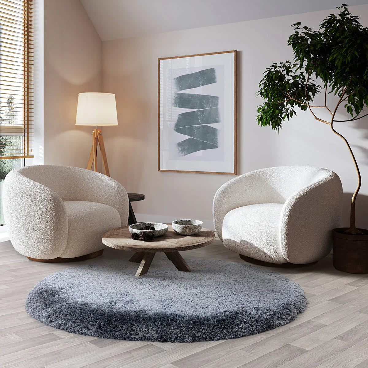 Asiatic Plush Airforce Blue Rug gradient shag in airforce blue, navy and grey on beige backdrop, machine-made polyester