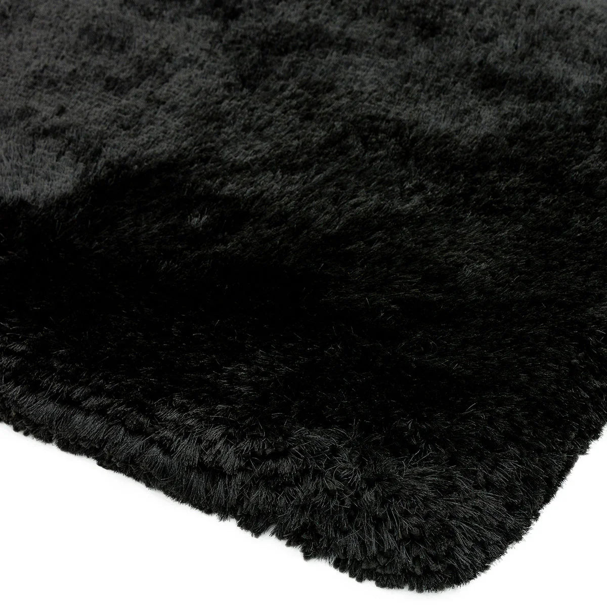 Asiatic Plush Black Designer Rug featuring solid shag design in deep black on black background, plush construction