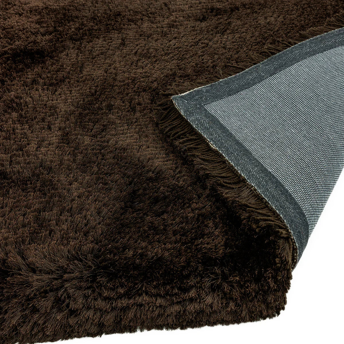 Asiatic Plush Dark Chocolate Designer Rug featuring shaggy pile in dark chocolate brown with blue backing, machine-made polyester