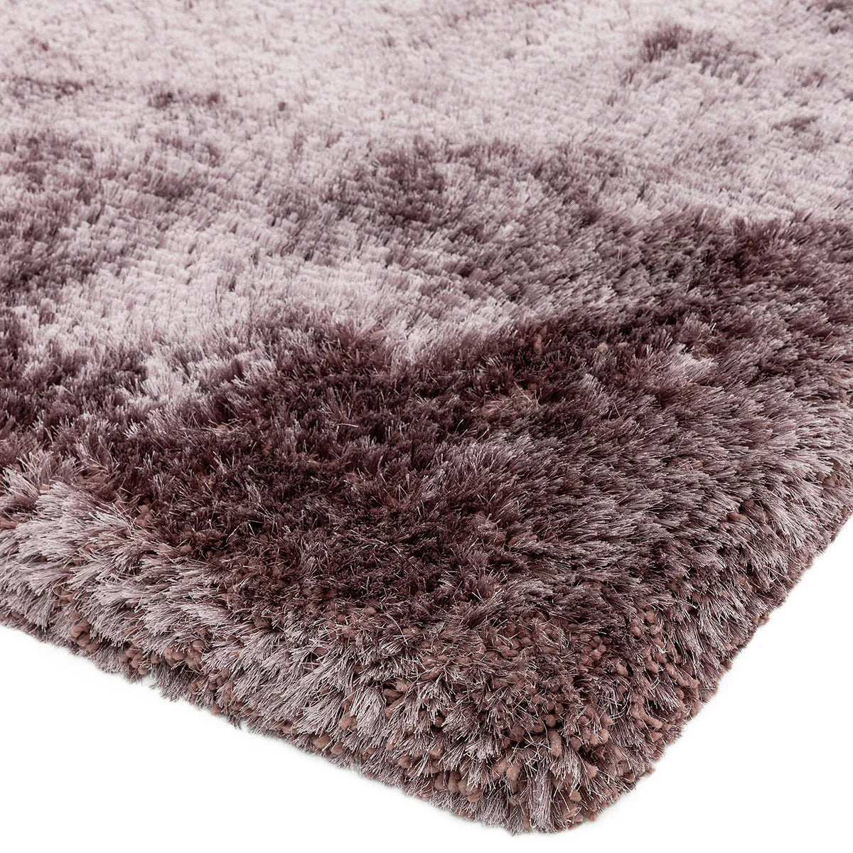 Asiatic Plush Dusk Designer Rug featuring shaggy pile in dusty pink, mauve and taupe on cream background, plush shag rug