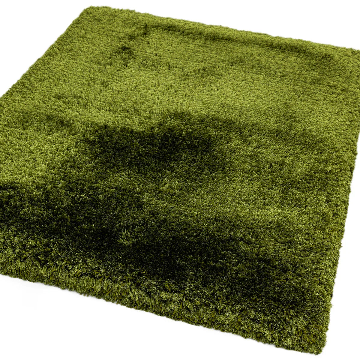 Asiatic Plush Green Designer Rug featuring solid shag texture in emerald green, olive green and moss on white background, plush polyester