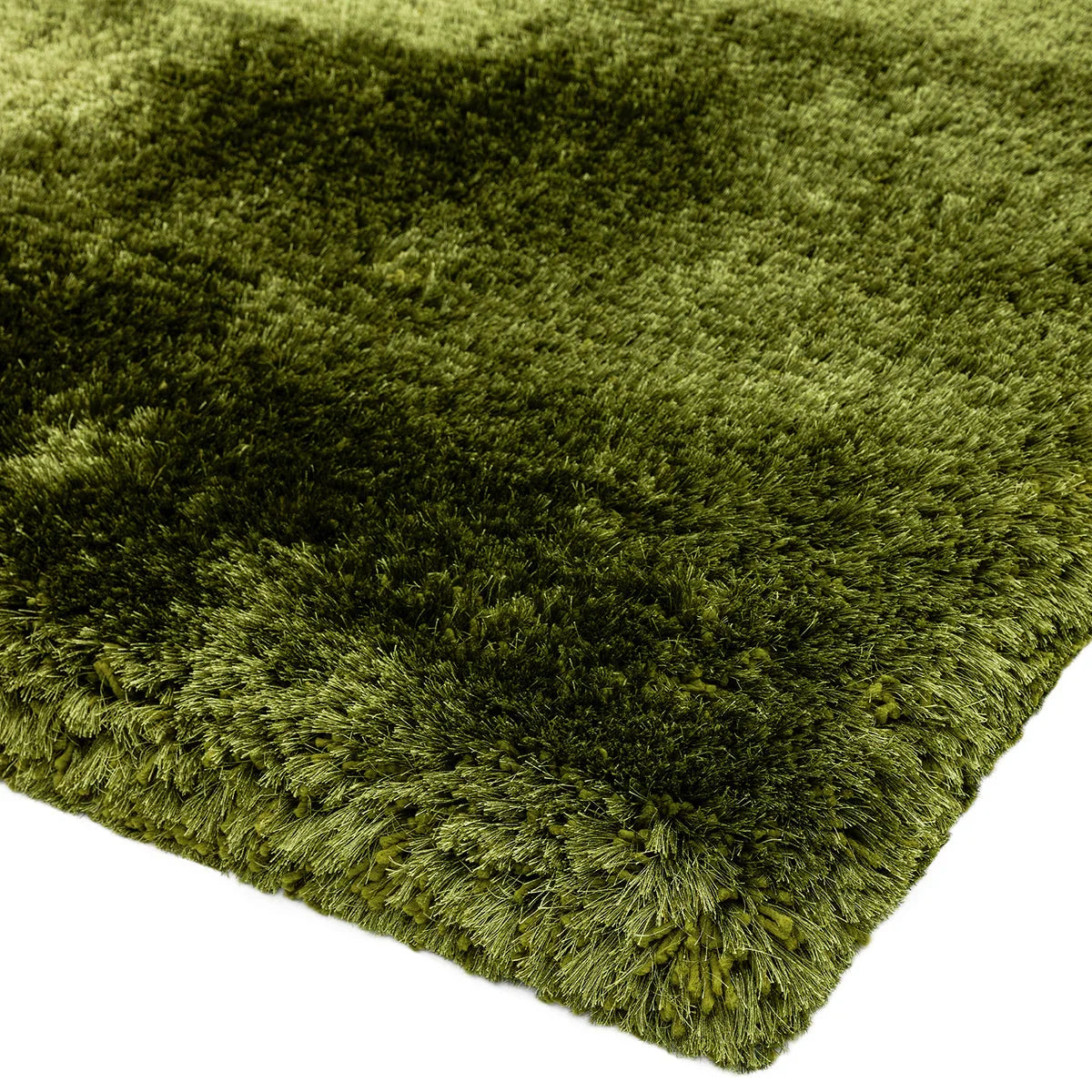 Asiatic Plush Green Designer Rug featuring shaggy plush pile in olive and emerald greens on solid green background, shag pile construction, synthetic fibre