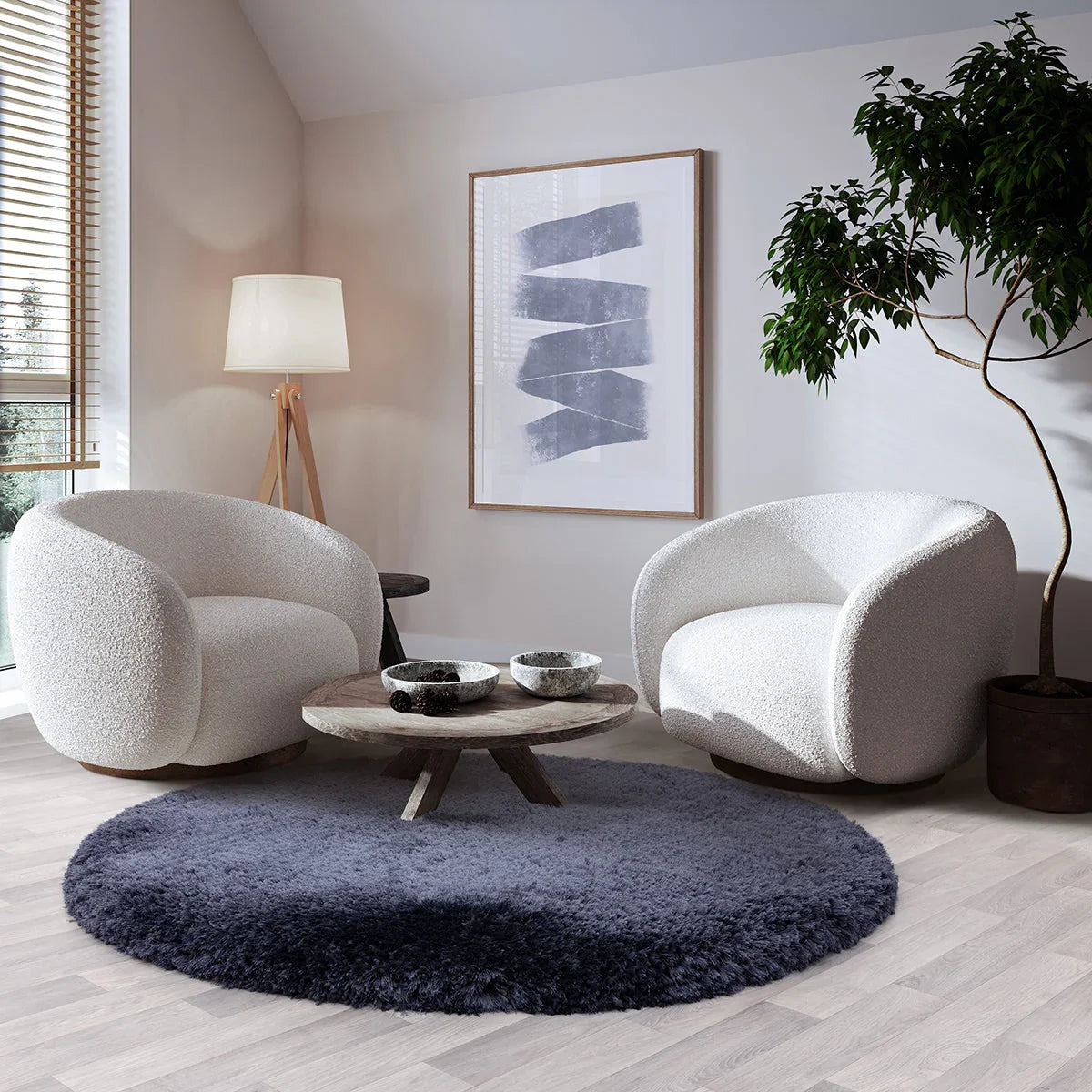 Asiatic Plush Navy Round Rug featuring plush texture in navy, indigo, steel blue on cream background, hand-tufted wool