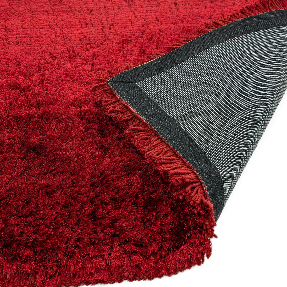 Asiatic Plush Red Designer Rug featuring shaggy deep red pile with charcoal border and grey backing, machine-made polypropylene