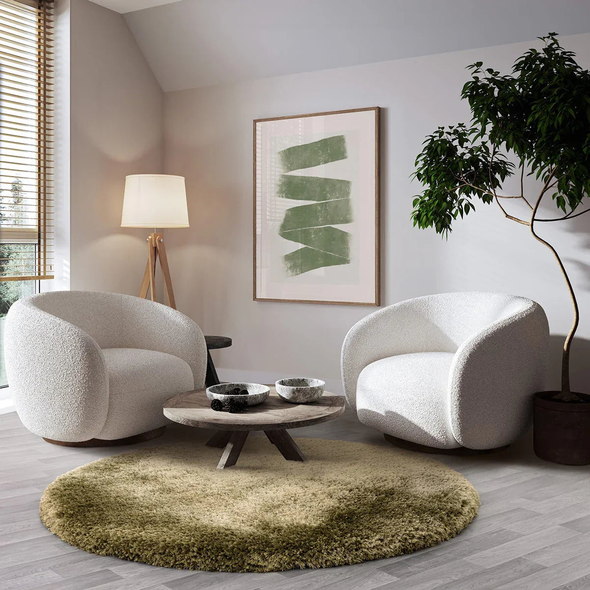 Asiatic Plush Sage Round Designer Rug featuring gradient shag in sage green, olive and cream on beige background, plush fabric