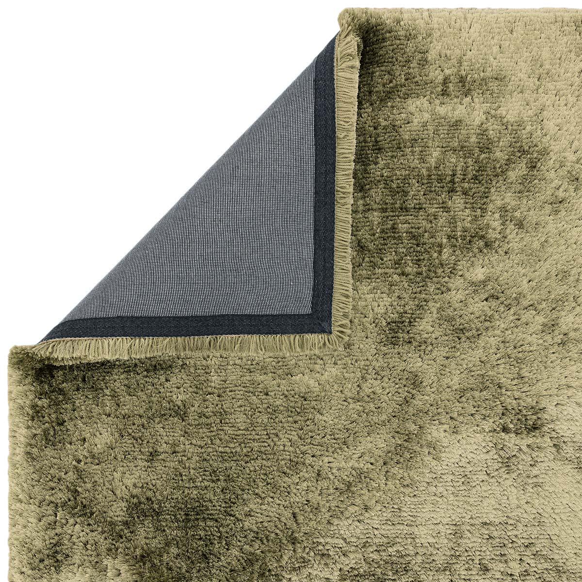 Asiatic Plush Sage Designer Rug featuring sage-green plush pile with olive shading and navy reverse stripe, fringe