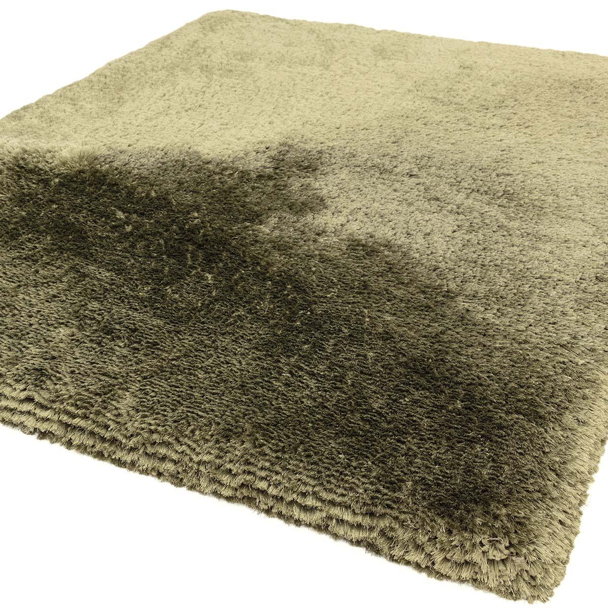 Asiatic Plush Sage Designer Rug featuring gradient shag in sage, olive, taupe and dark brown on light beige background, plush pile wool