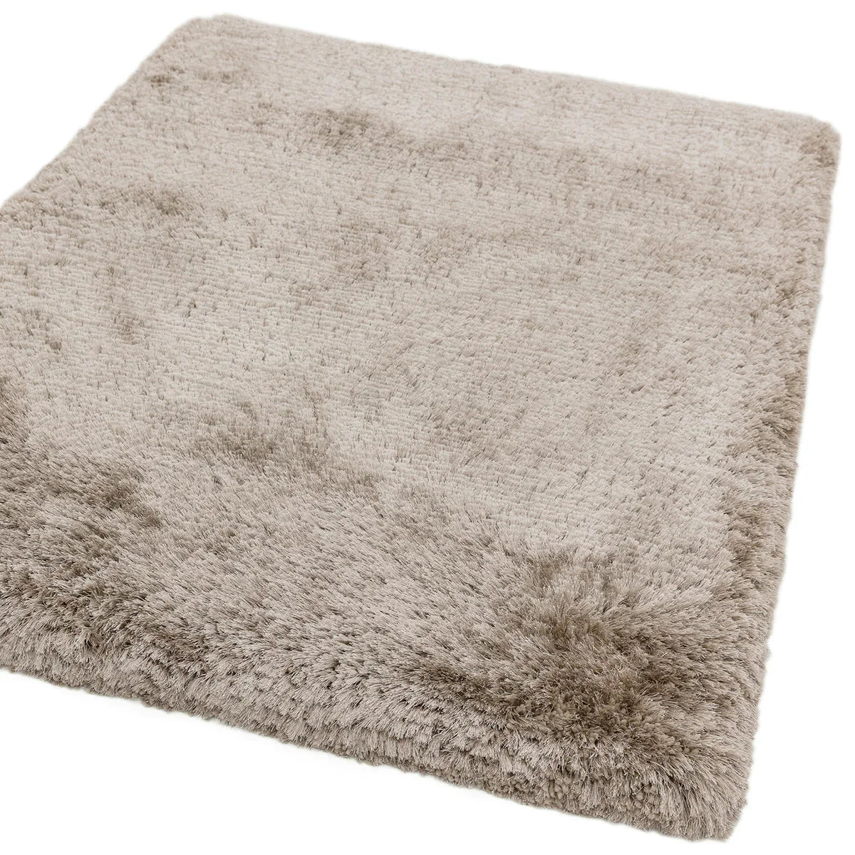 Asiatic Plush Sand Designer Rug featuring shaggy plush design in sand beige and taupe on white background, hand-tufted wool
