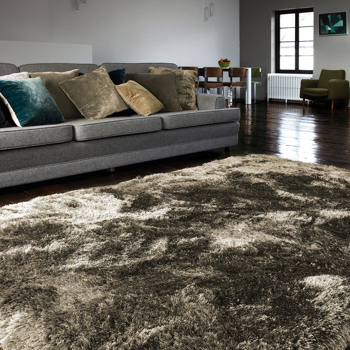 Living room with a gray sofa and patterned rug