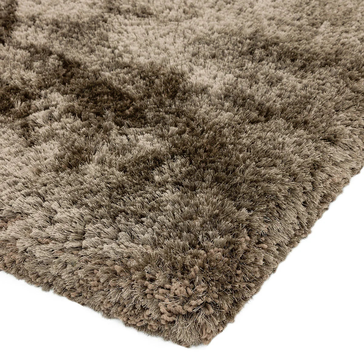 Asiatic Plush Taupe Designer Rug featuring plush shag design in taupe, cocoa brown and ivory on beige background, machine-made polyester