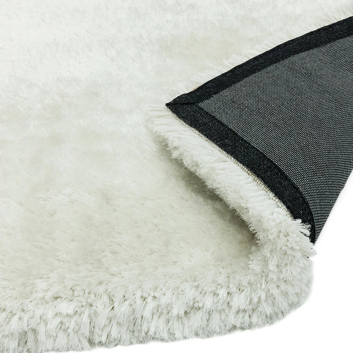 Asiatic Plush White Designer Rug featuring white shag with indigo denim border on white background, machine-made polyester