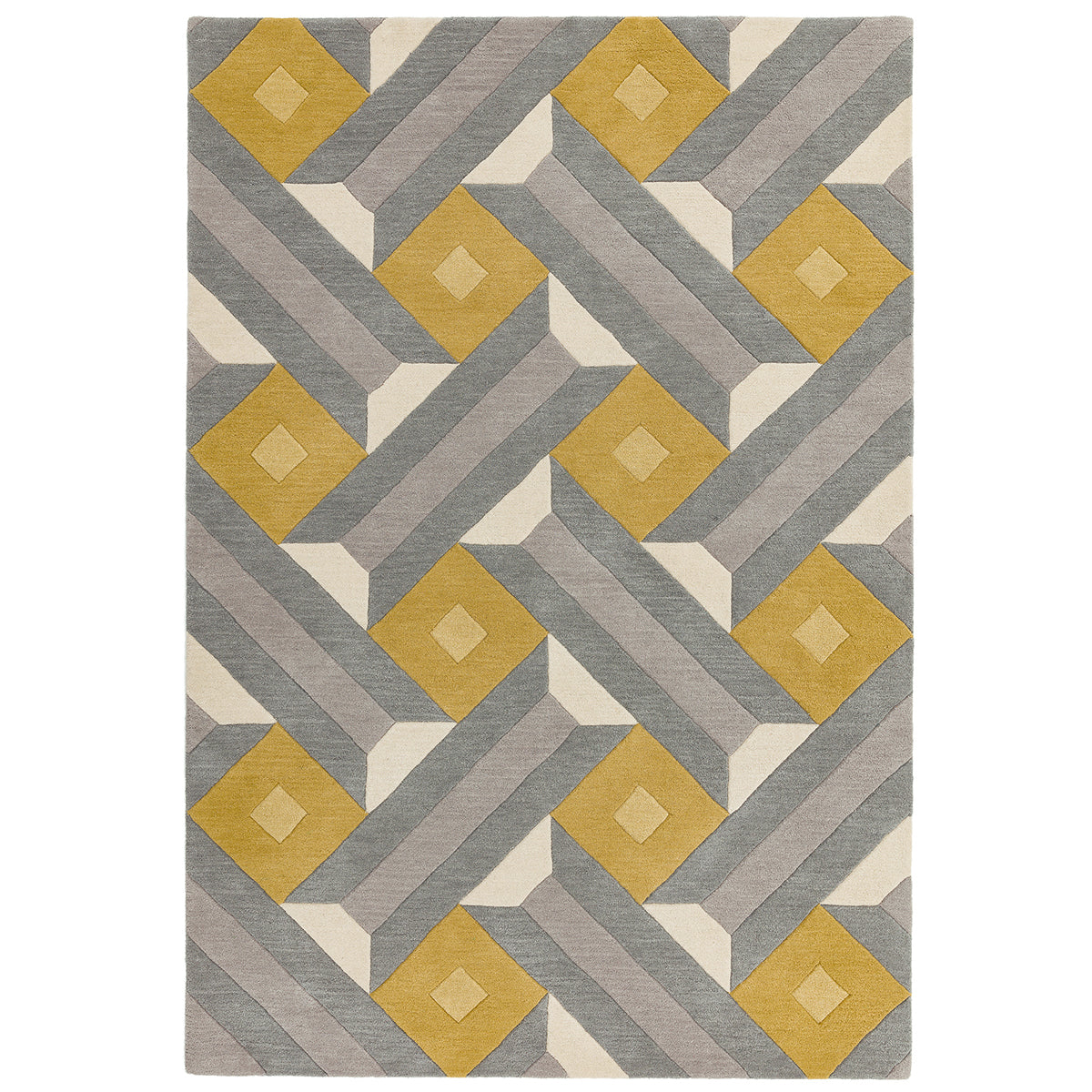 Geometric patterned rug with yellow and gray squares on a white background