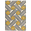 Geometric patterned rug with yellow and gray squares on a white background