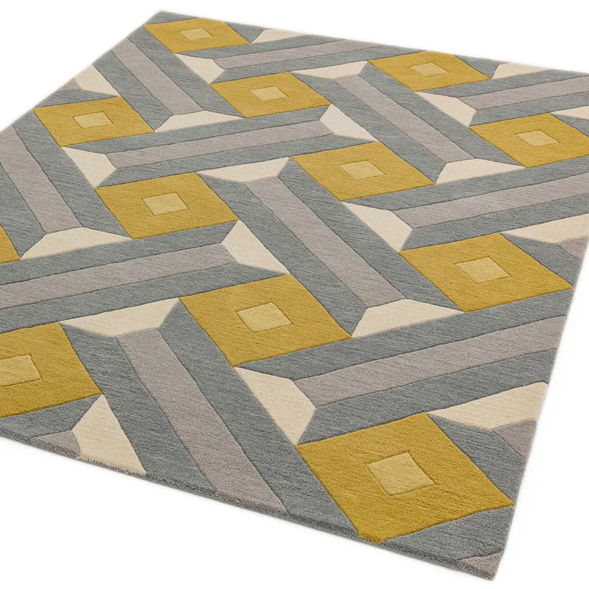 Asiatic Reef Motif Ochre Grey Designer Rug featuring reef geometric pattern in ochre, grey, cream on beige background, hand-tufted wool
