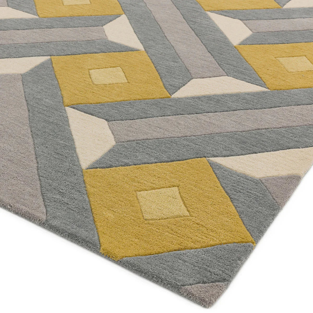 Asiatic Reef Motif Ochre Grey Designer Rug featuring reef-geometric pattern in ochre yellow, grey, cream on pale beige background, hand-tufted wool
