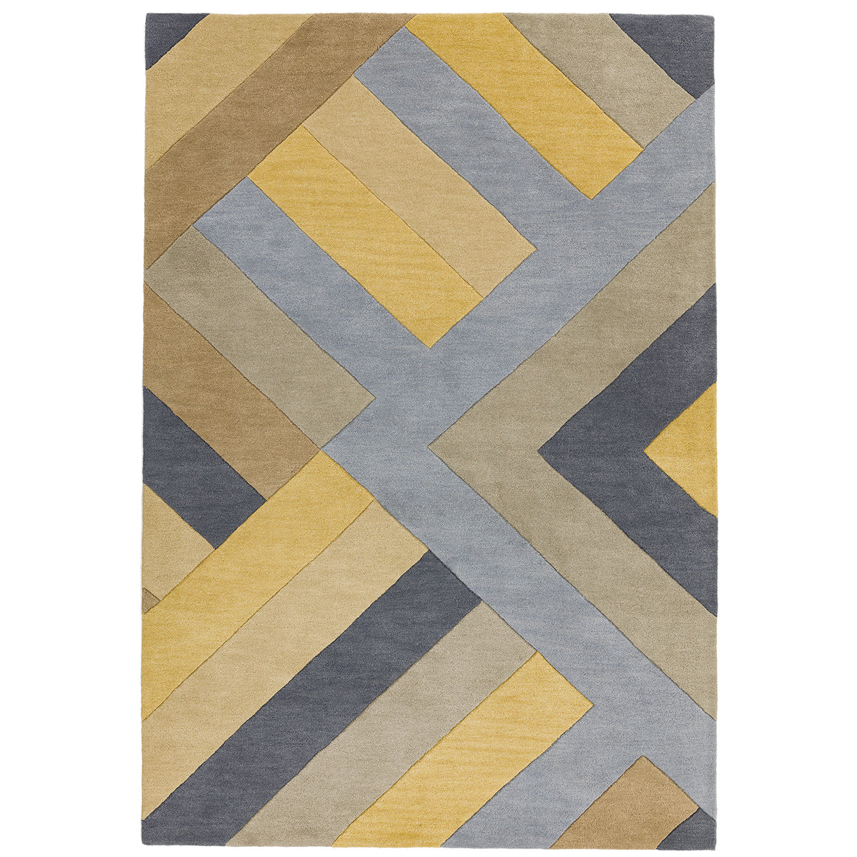 Geometric patterned rug with yellow and gray colors on a white background