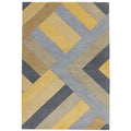 Geometric patterned rug with yellow and gray colors on a white background