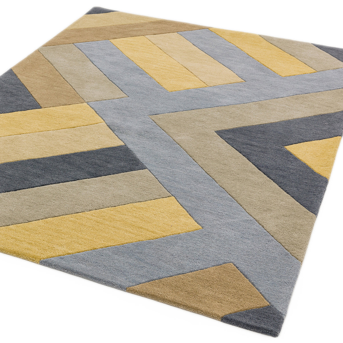 Geometric patterned rug with yellow and gray colors on a white background