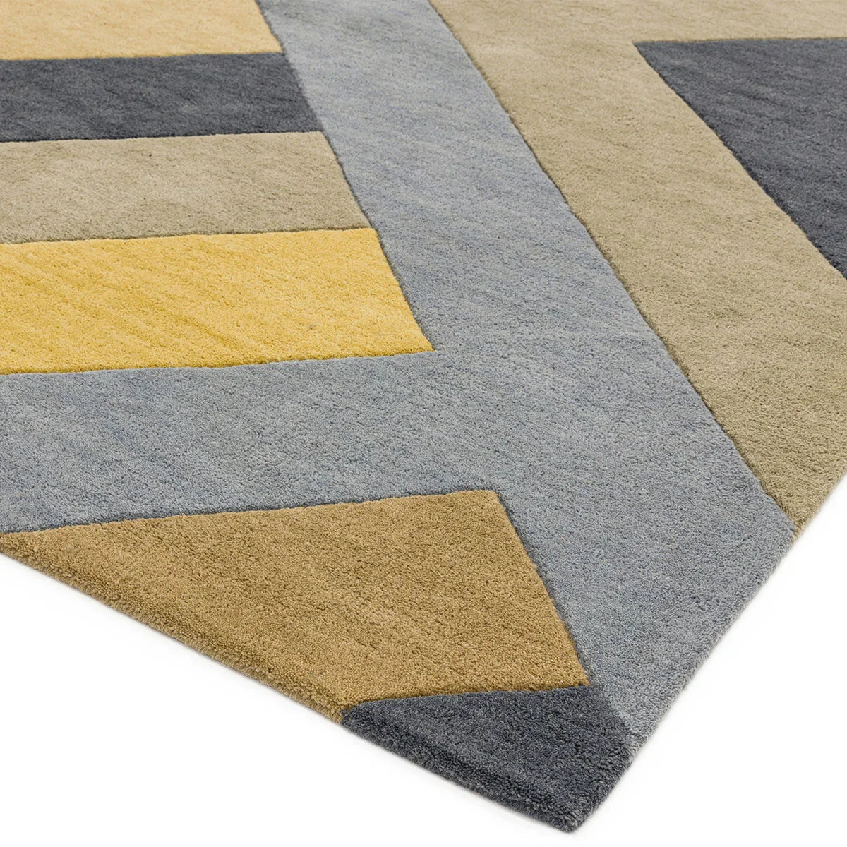 Asiatic Reef Big Zig Ochre Grey Designer Rug featuring big zig pattern in ochre, grey-blue, tan and navy on pale beige background, hand-tufted wool