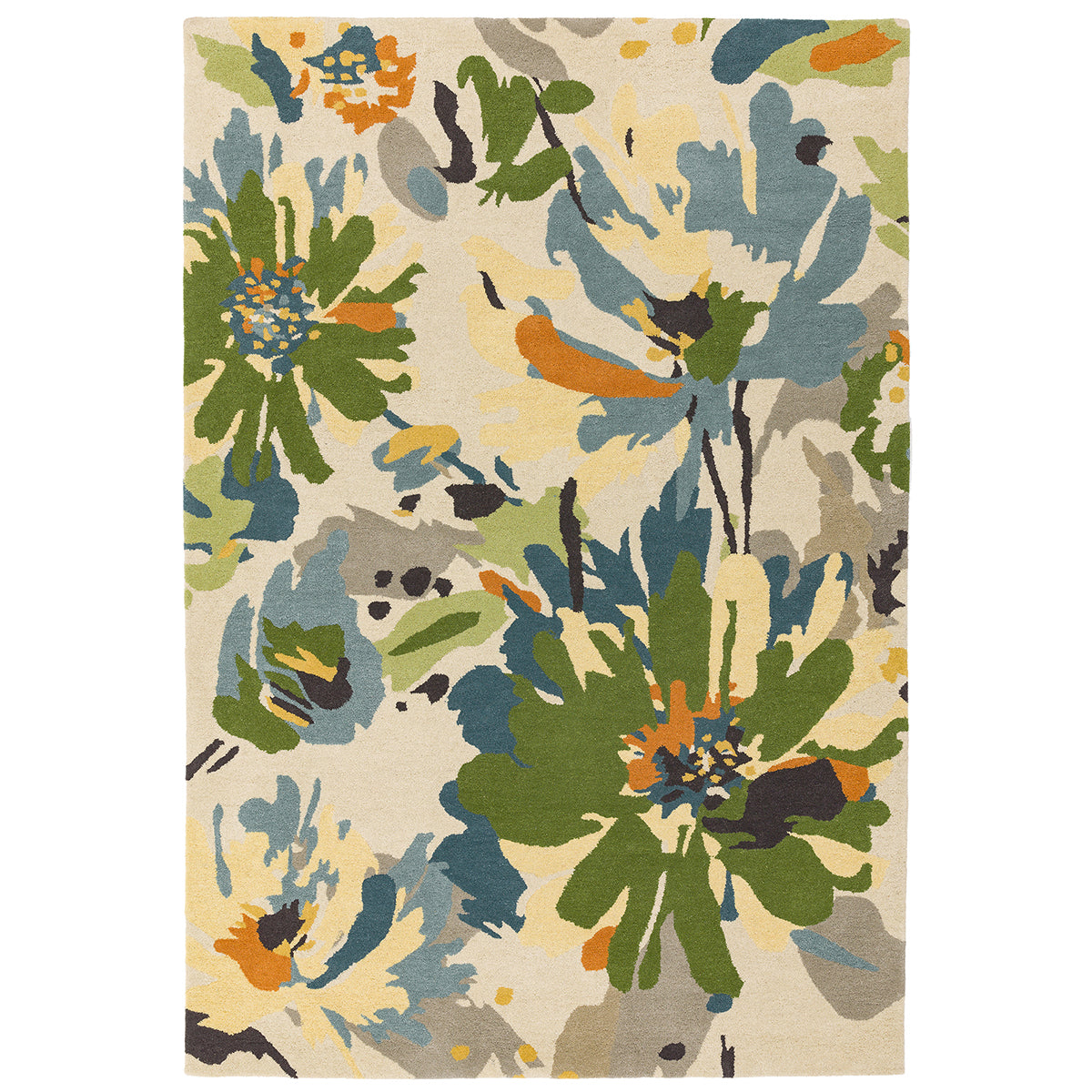 Floral patterned rug with green, blue, and orange colors on a beige background