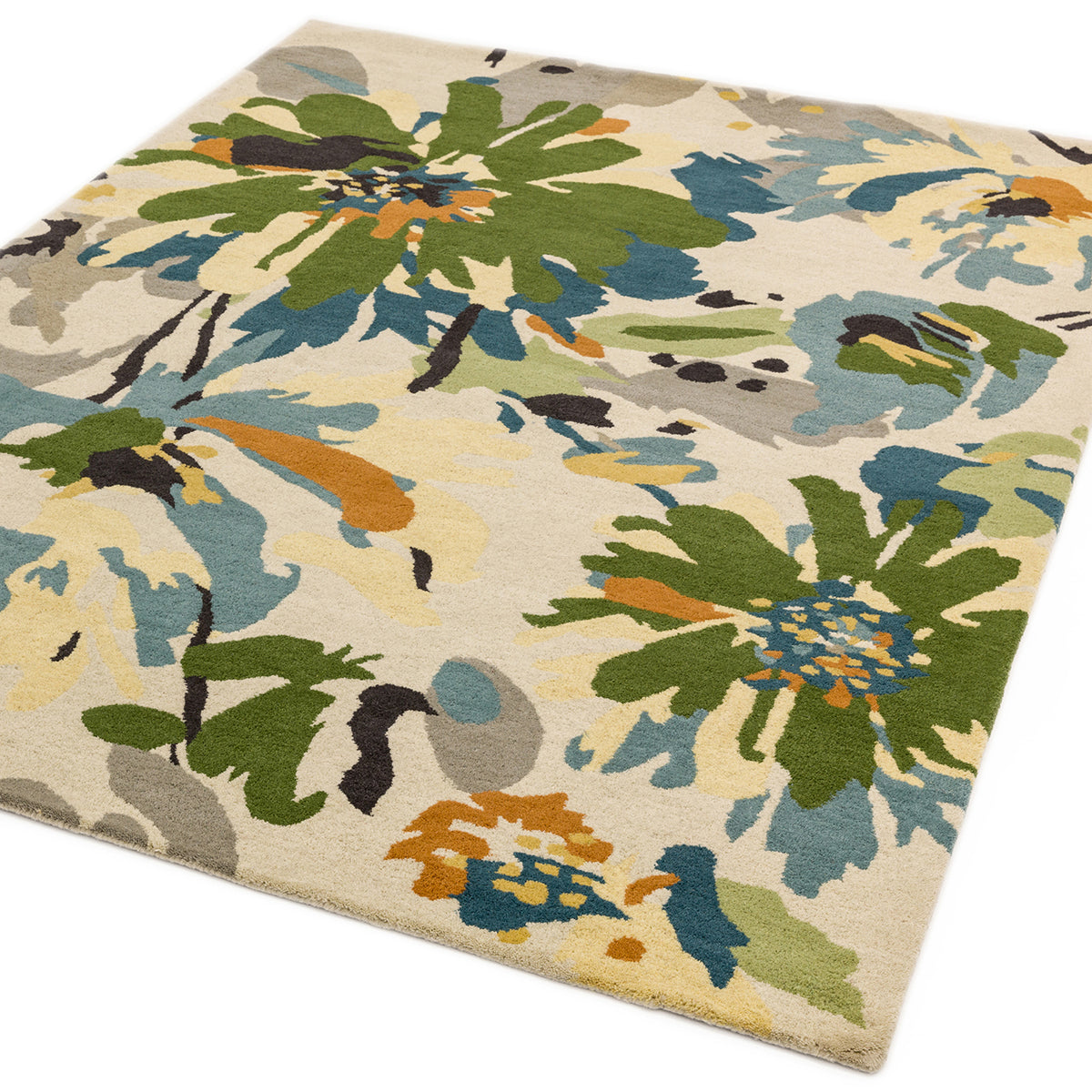 Floral patterned rug with green, blue, and orange colors on a beige background