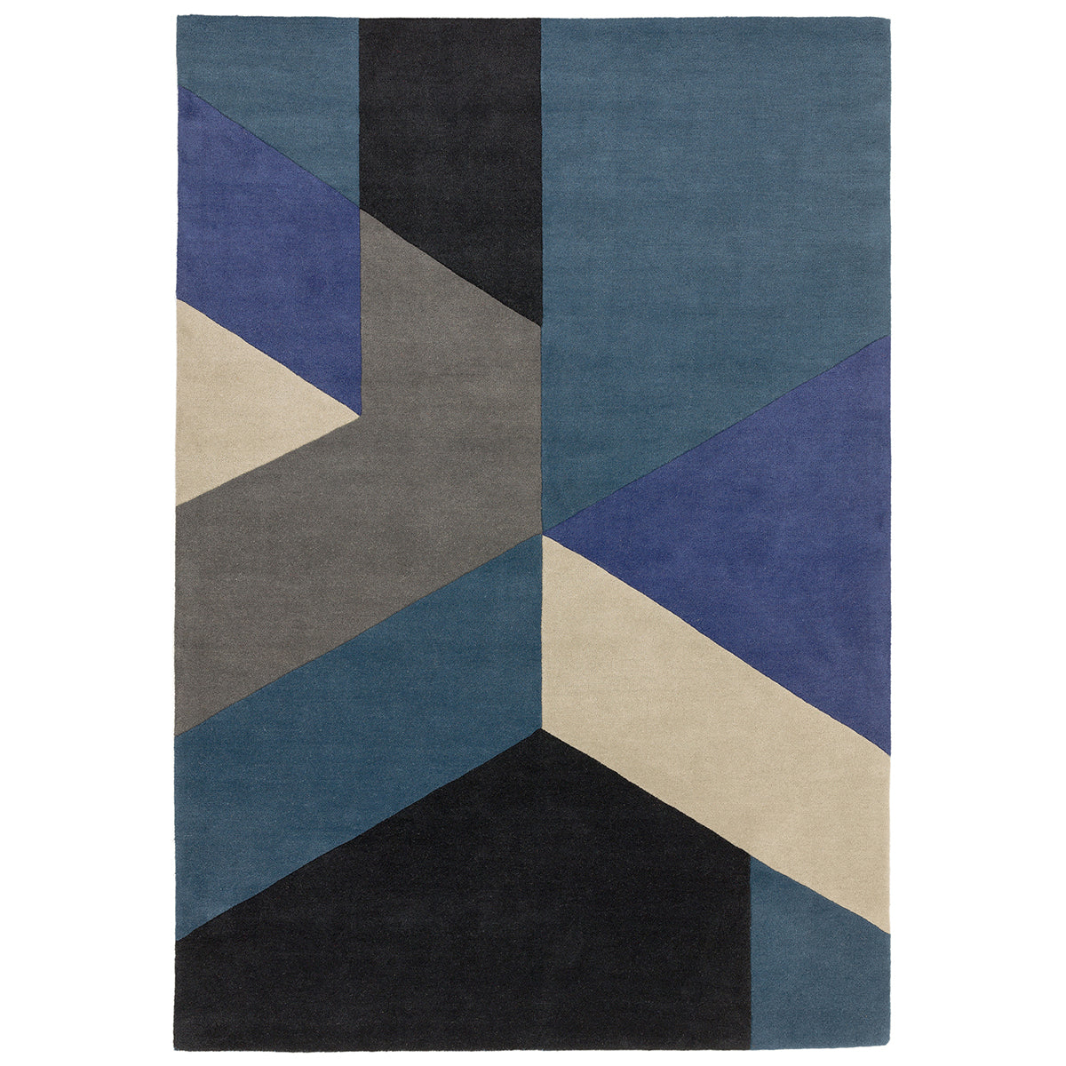 Geometric patterned rug with blue, black, and beige colors on a white background