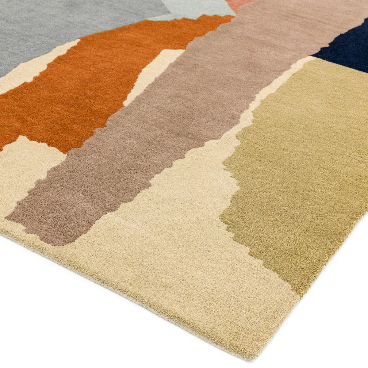Asiatic Reef Abstract Multi Rug featuring color-block pattern in orange, rust, beige, cream on pale beige background, hand-tufted wool