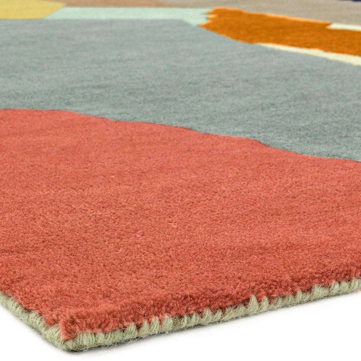 Asiatic Reef Abstract Multi Rug featuring coral-red, sage-green, grey and mustard on cream background, hand-tufted wool