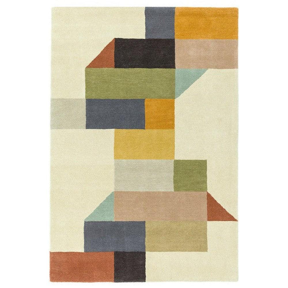 Asiatic Modern Multi Designer Rug featuring geometric block pattern in mustard, teal, navy, sage on cream background, hand-tufted wool