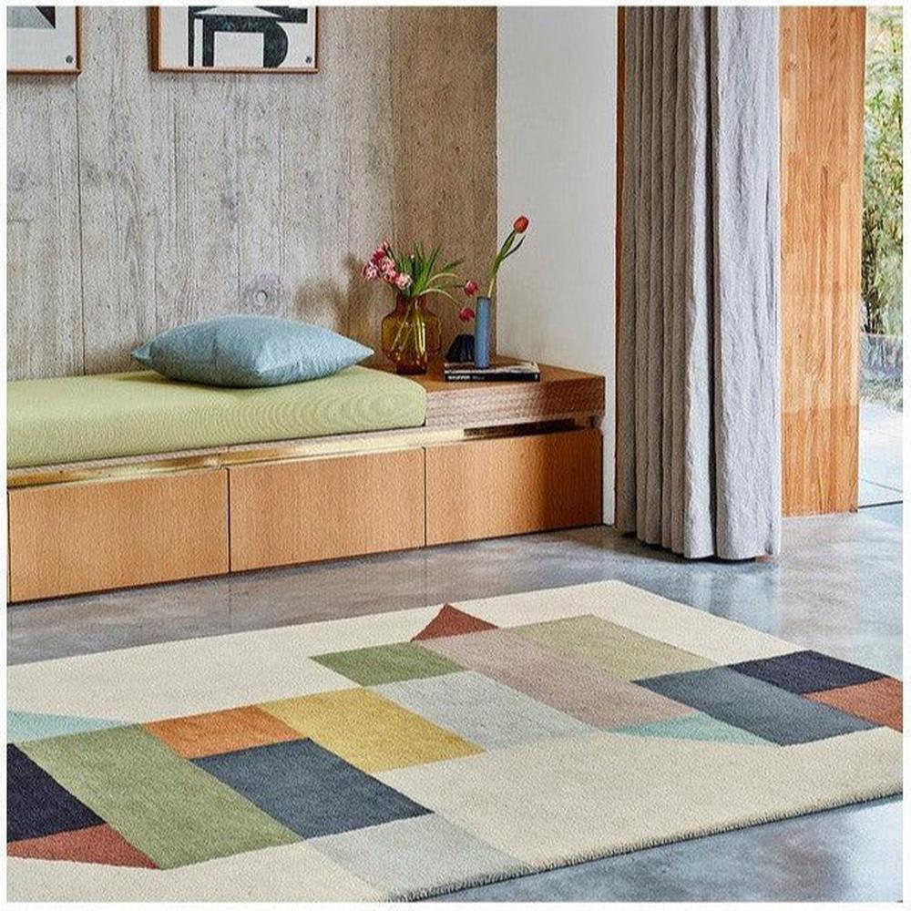 Asiatic Modern Multi Designer Rug featuring geometric colour-block pattern in mustard, olive, teal, navy and burnt orange on ivory background, machine-woven wool blend